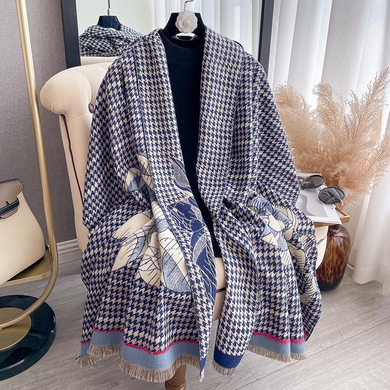 Imitation Cashmere Camellia Thousand Bird Grid Double-Sided Thermal Air Conditioner Shawl Winter Versatile Decorative Scarf