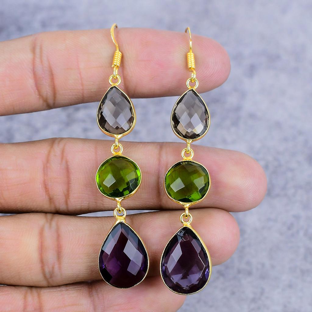 Amethyst, Peridot Gemstone 925 Sterling Silver Jewelry Earring 2.99" M-2646