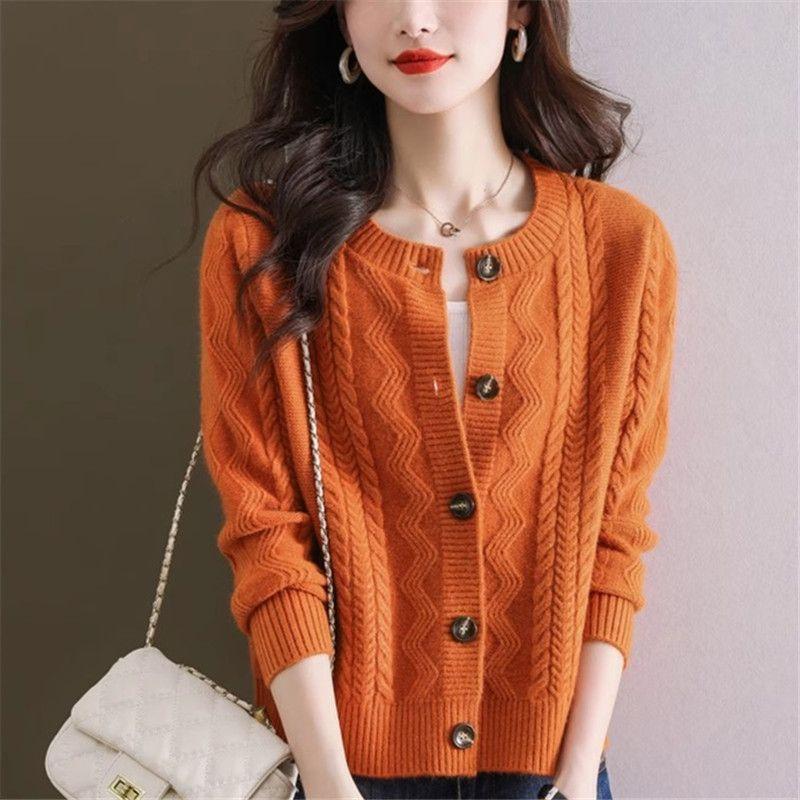 Round Neck Wool Cardigan Coat Women's Fried Dough Twists Temperament Knitwear Sweater Short Autumn and Winter