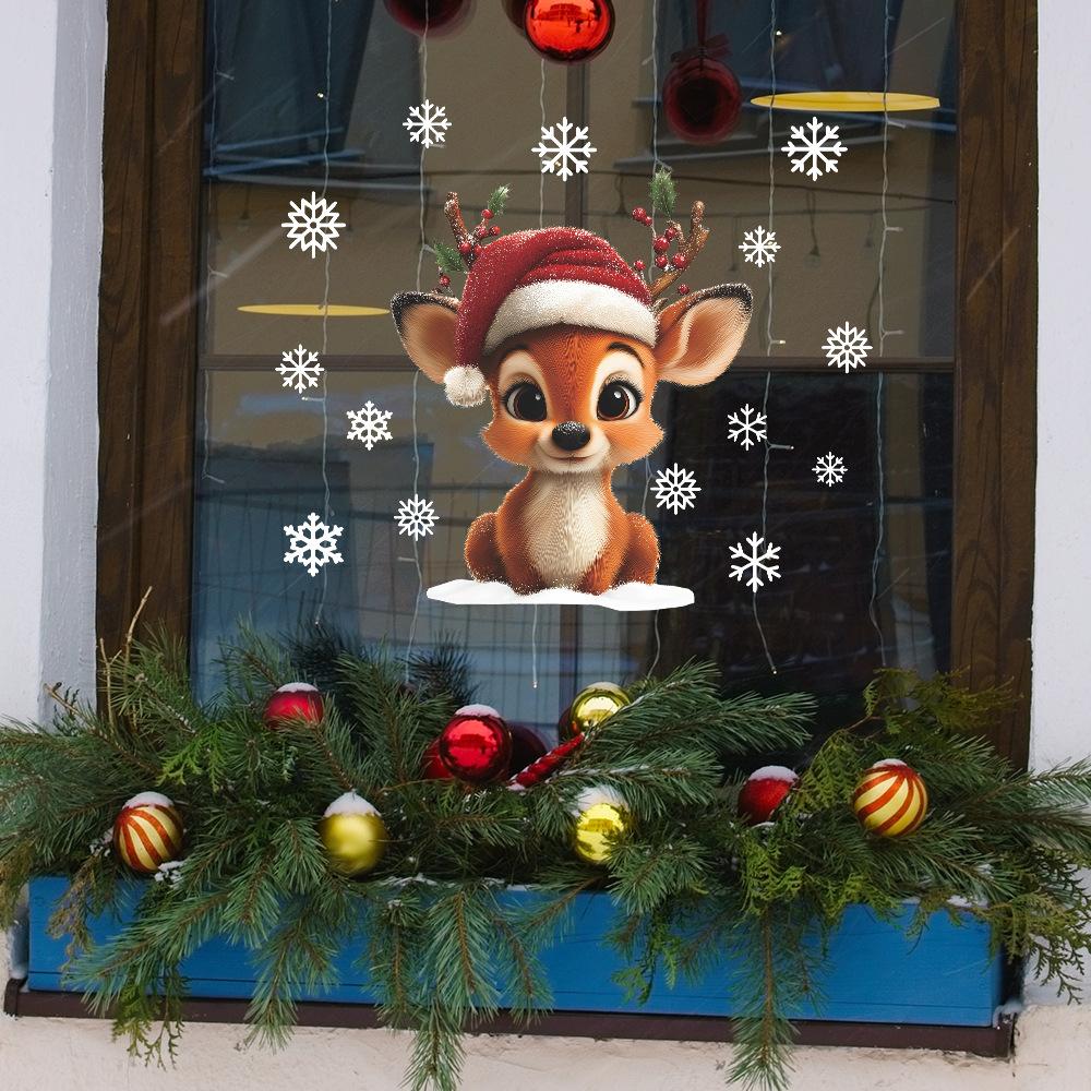 Мультяшный Милый Олень и Снежинка Украшение и Декор Стеклянного Окна Статические Наклейки