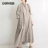 Women's Plus Size Shirt Net Cotton Linen Vintage Casual Standing Collar Hem Dress