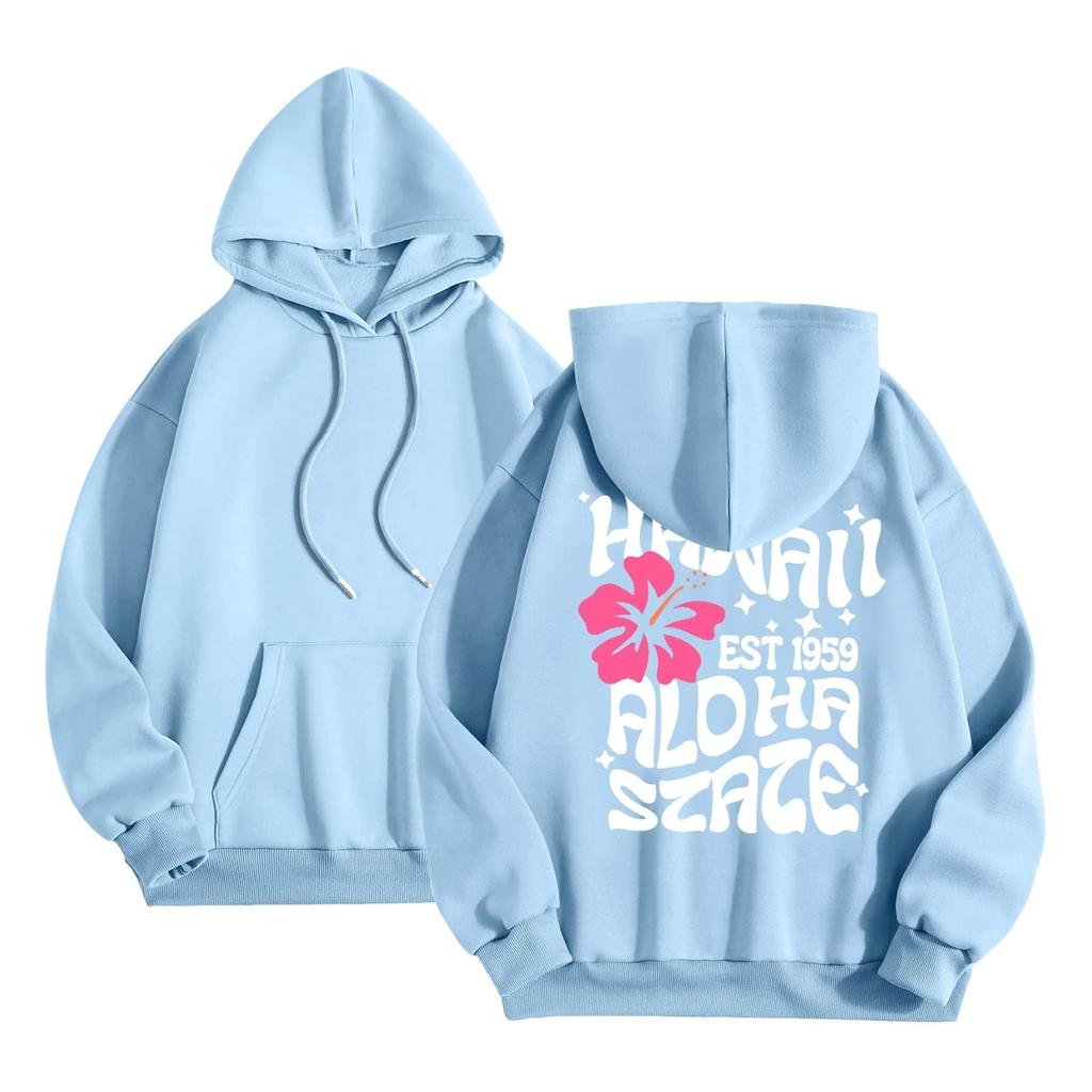 Women's Fashion Long Sleeve Sweatshirt Letter Printed Hooded Drawstring Pullover Oversized Pocket Sweatshirt Top