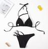 European-American Black Halter Tie-Front Cutout Bikini Swimsuit