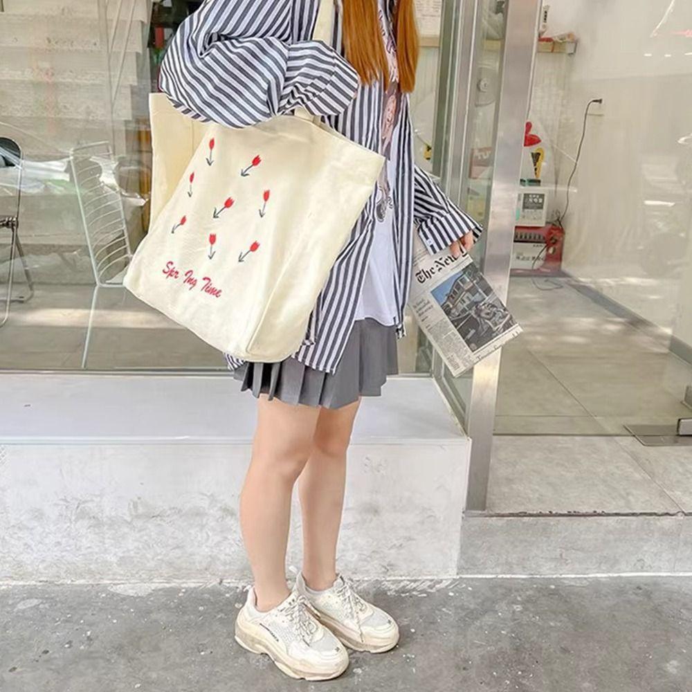 Canvas Cosmetic Storage Organizer Flower Printed Storage Pouch Casual Women's Shopping Bag Student