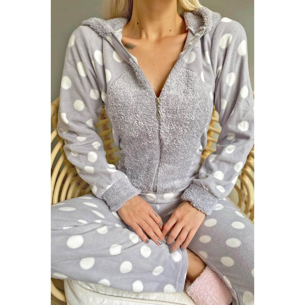 Серый женский флисовый плюшевый комбинезон с рисунком в горошек, пижама