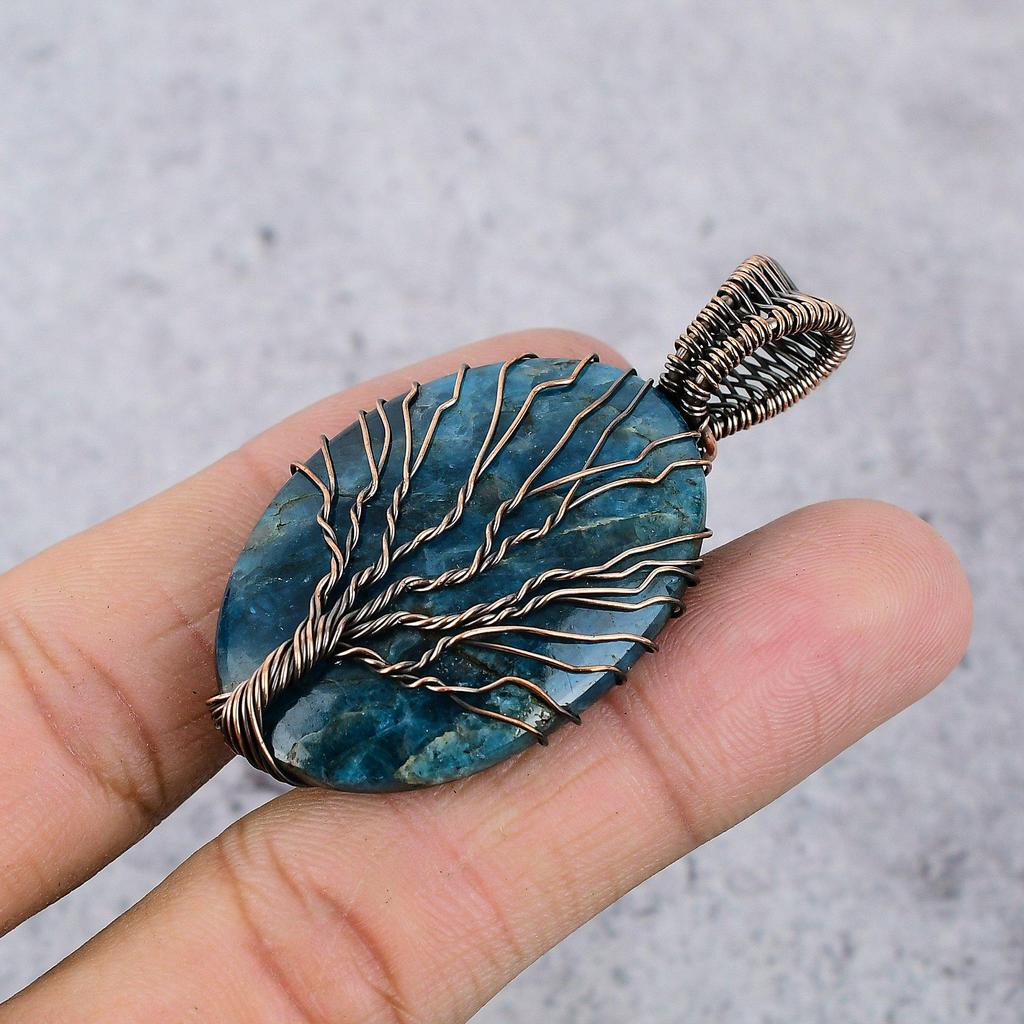 Tree Of Life Neon Blue Apatite Gemstone Pendant 999 Copper Wire Wrapped Jewelry, Handmade Antique Pendant Jewelry, Gift For Mother