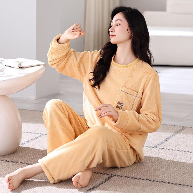 Coral Fleece Pajamas Women Winter Autumn And Winter Thickened Warm Winter Flannel Fleece Loungewear