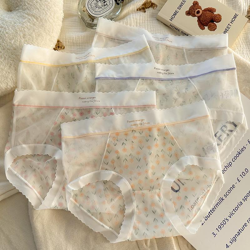 Women Fashion Sexy Lace Sheer Mesh Mid Waist Briefs Underwear