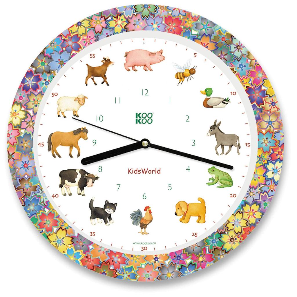 KOOKOO Kids World Chrome Animal Sound Wall Clock with 12 Farm Animals Telling Time, Cute Wall Clock, Perfect for Kids' Rooms, Soothing Sounds