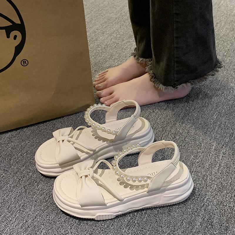 Sandals Female 2024 New Summer Bow Fairy Wind Platform Pearl Word with Fashion Open-toed Roman Women's Shoes