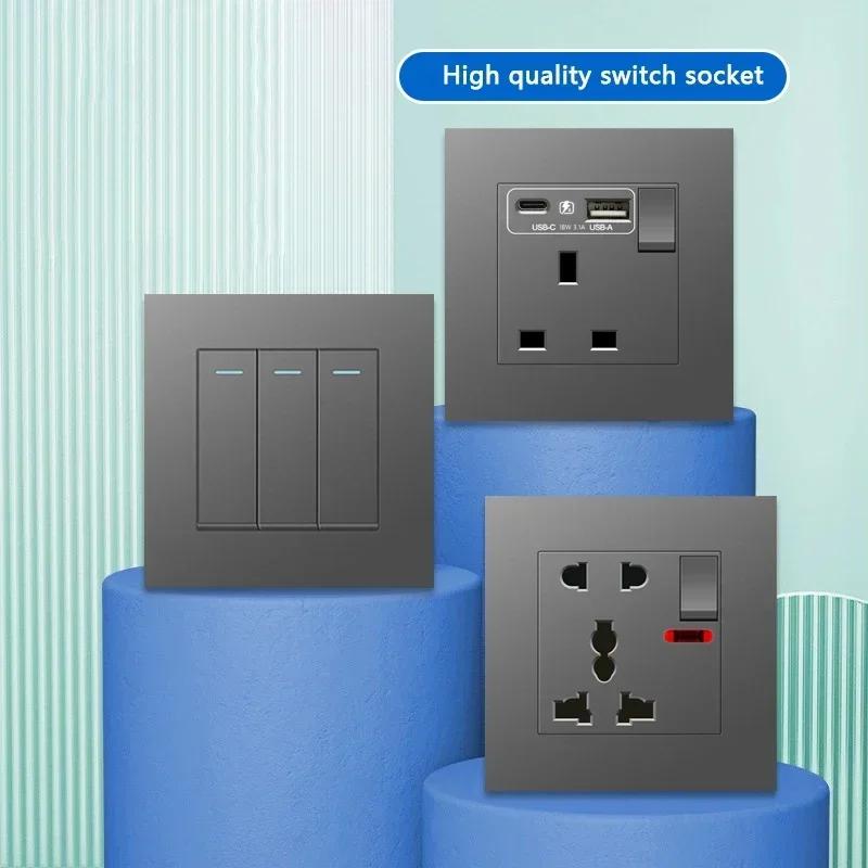 Универсальная двойная розетка с быстрой зарядкой Type-C мощностью 18 Вт, настенный электрический светильник с выключателем на 2 направления, Великобритания, 13 А, двойная розетка USB