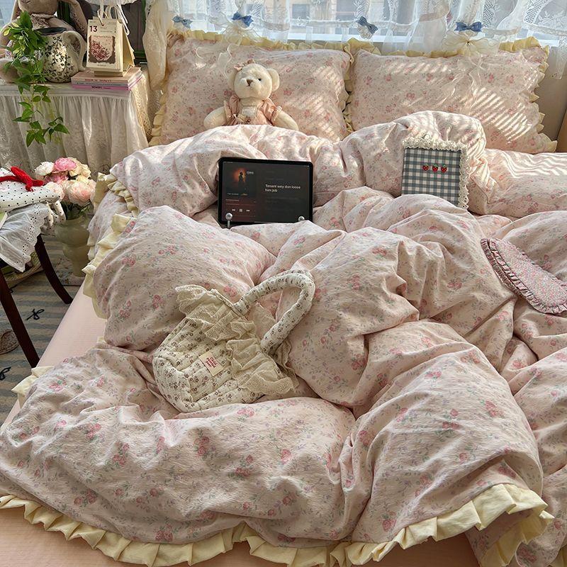 Class A Maternal Infant Grade Wrinkled Cloud Double-Layer Yarn Lace Quilt Cover, Bed Sheet 4-Pcs Set, Student Dormitory 3-Piece Set