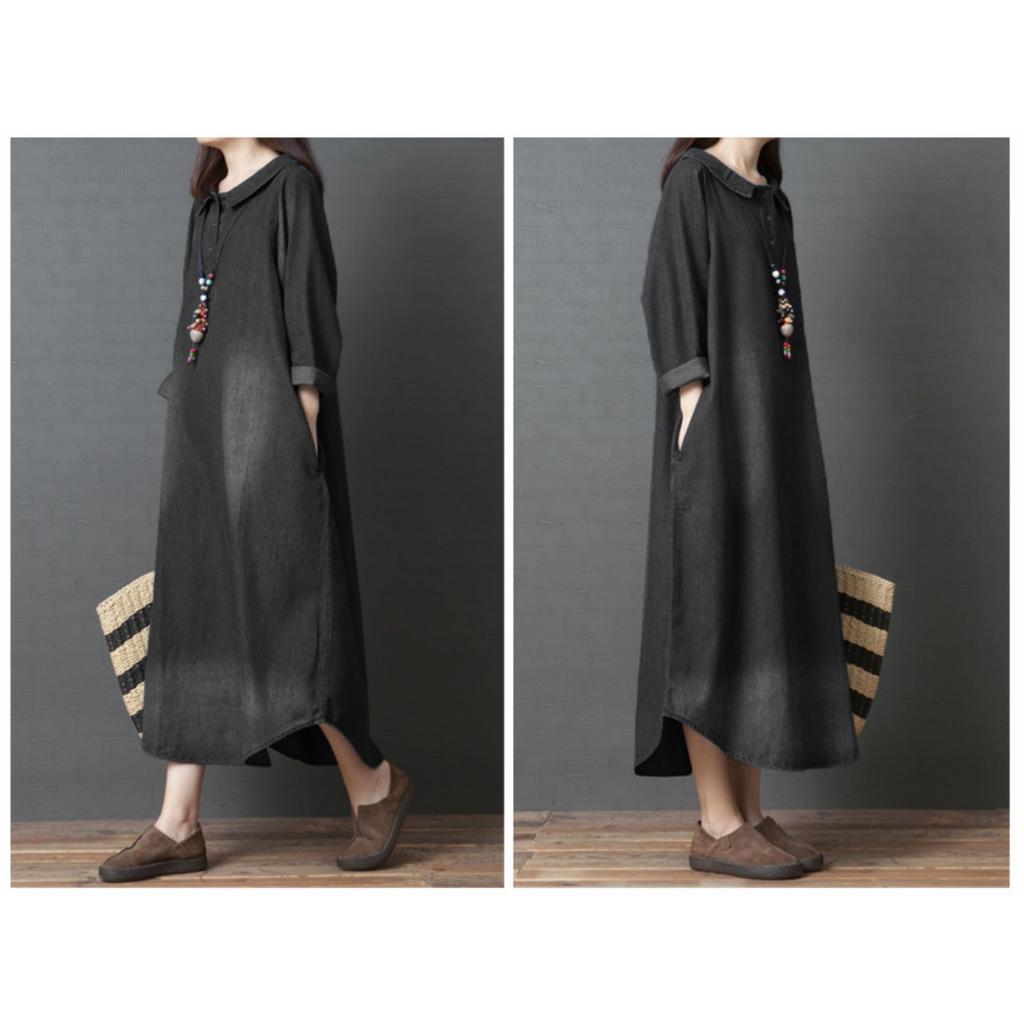 JINJUDUO Джинсовое Длинное Свободное Длинное с Офисным Зимним Женским Платьем, Рукав, 100% Хлопок, Посадка, Длина, Стройнящий, Всесезонный Пуловер, Карманы, Повседневный,