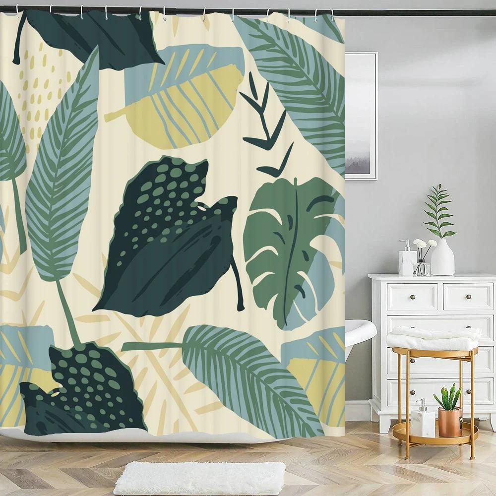 Nordic Style Abstract Art Leaves Print Shower Curtain Waterproof Polyester Bath Curtain Color Block Curtains For Bathroom Decor