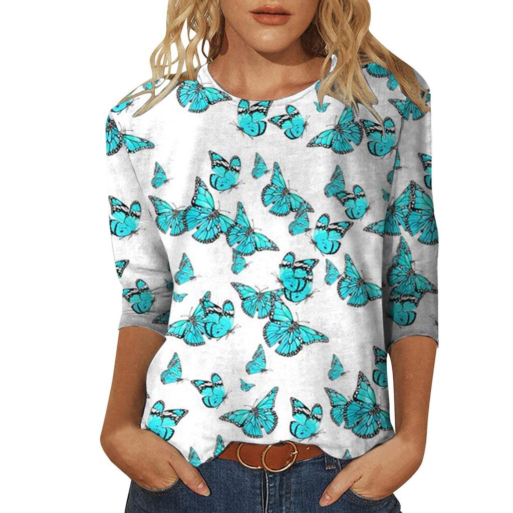 Круглый вырез с принтом в виде 3D-бабочки, модные повседневные женские футболки с длинными рукавами
