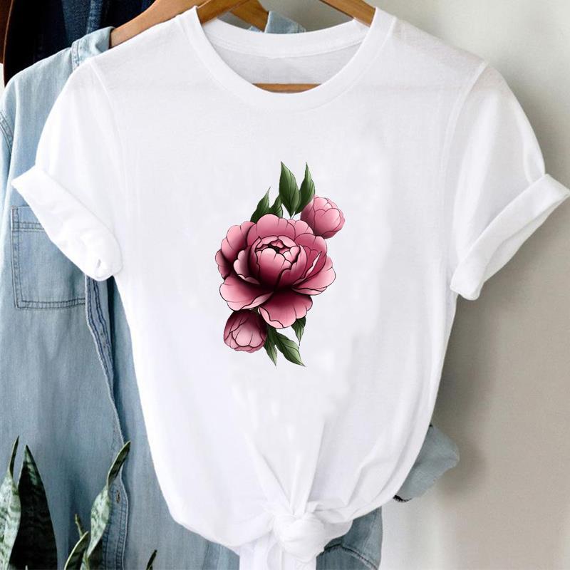 (Asian Size) Tee Top Fashion Love Letter Watercolor Flower T Shirt Women Print Lady Female Clothing Casual Short Sleeve Graphic T-shirt