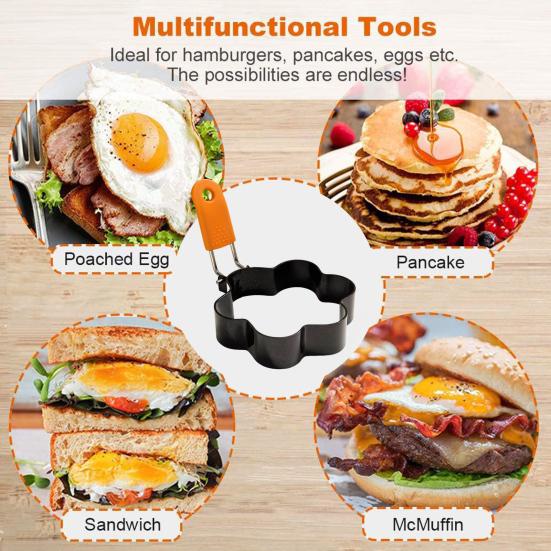 Egg Ring Heart Circle Flower Star Shapes Non-Stick Foldable Handle Egg Mold for Frying Eggs English Muffins Breakfast Sandwich Burger Maker Kitchen
