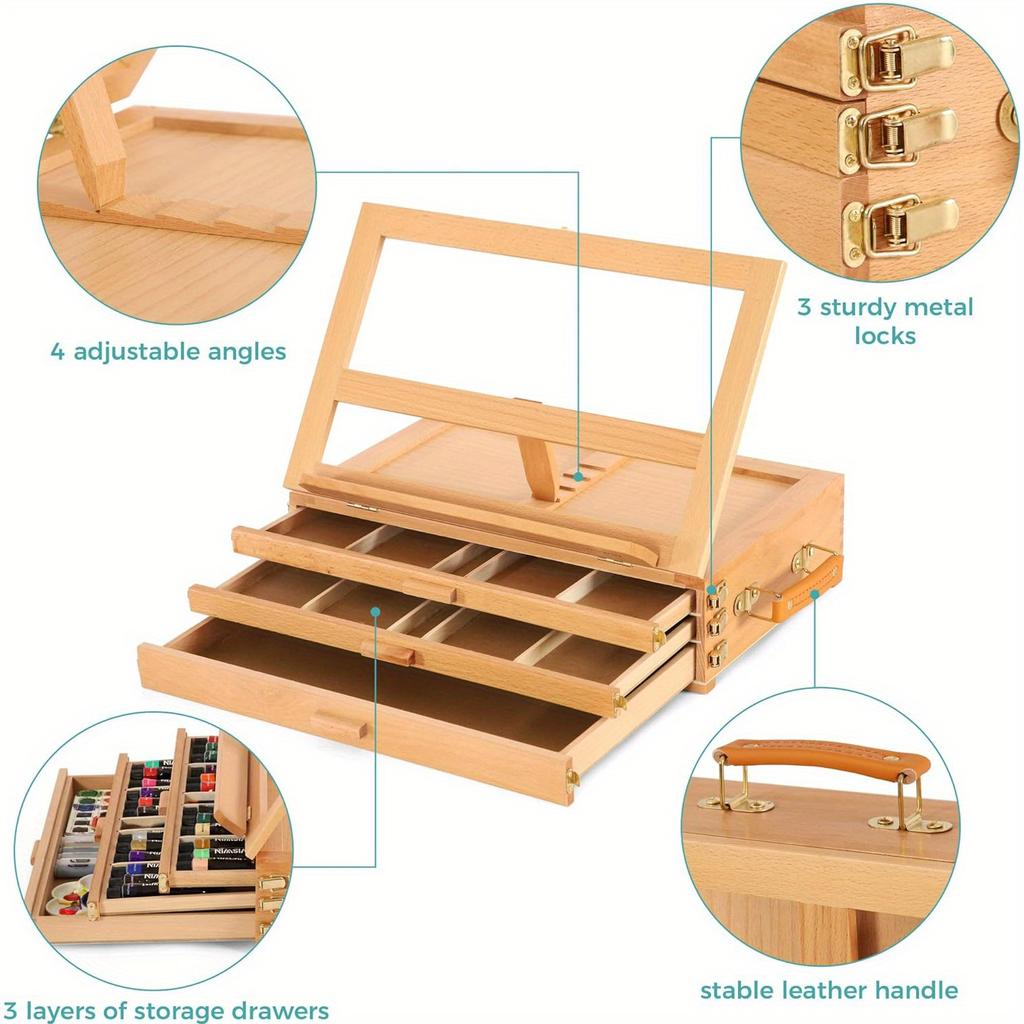 1 or 3 Layers 1pc Portable Wood Artist Painting Easel with Fold Down,drawer Can Store Brush&paint box,Outdoor Sketching Stand with Handle.