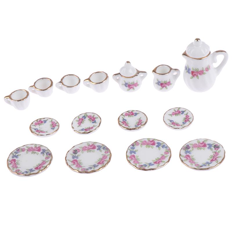 15Pcs Dollhouse Miniature Tableware Porcelain Ceramic Coffee Tea Cups Set Toys