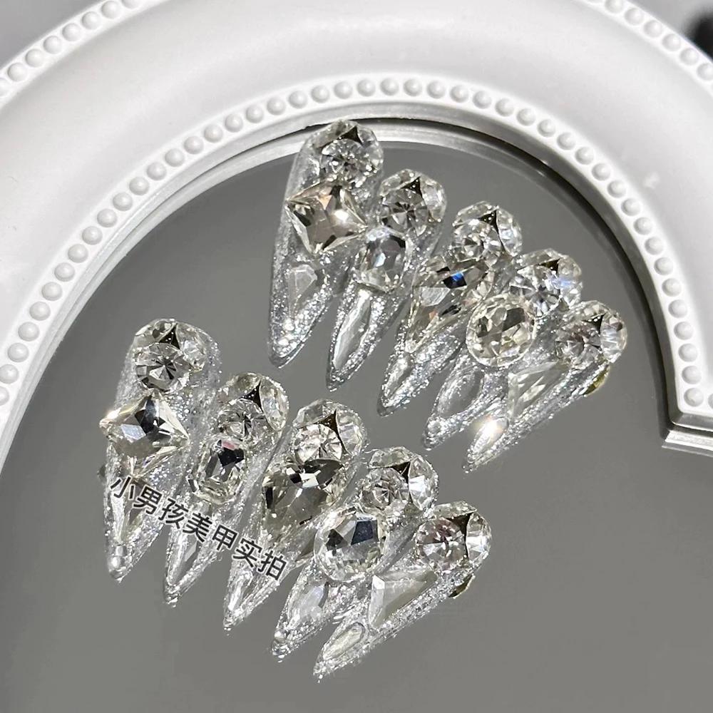 10Pcs Luxury 3D Rhinestone Handmade Transparent Press On Nails Shiny Long Coffin Reusable Full Cover Nail Art Gift