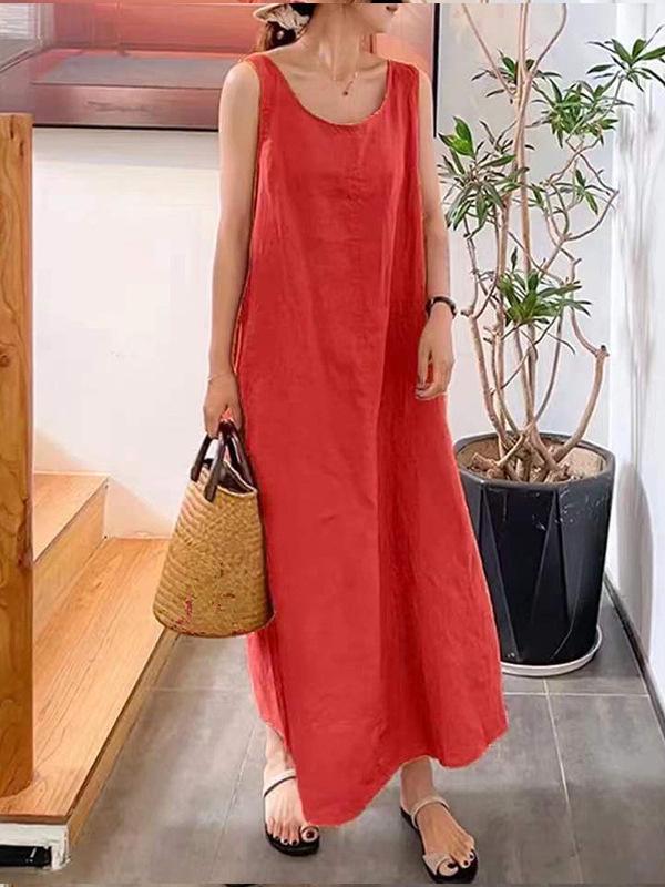 Women's Summer Cotton Linen Sleeveless Vest Dress - Casual, Loose-Fit, Solid Color