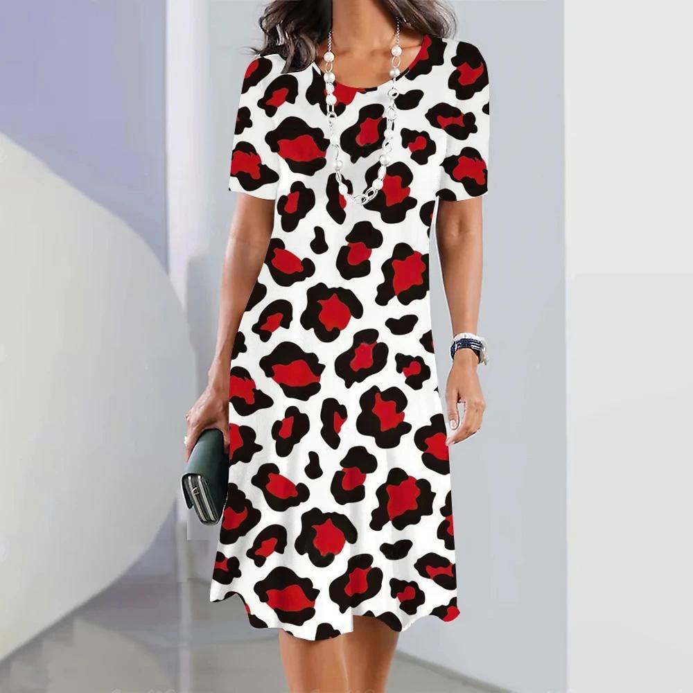 Женское платье Свободная юбка А-силуэта с круглым вырезом Пляжная юбка с короткими рукавами Женская одежда Сексуальное платье с леопардовым принтом в горошек