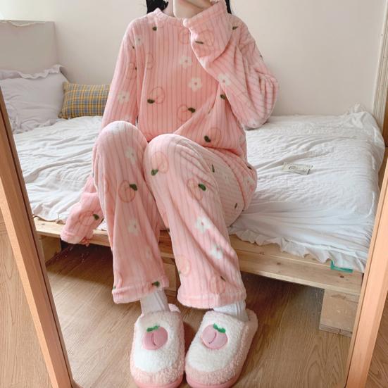 2 Pcs/Set Women Winter Pajamas Set Round Neck Cartoon Bear And Peach Pattern Long
