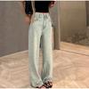 Джинсы прямого покроя с высокой талией, женские, весна-осень, стираные, широкие брюки с ромбовидной отделкой, брюки длиной до пола