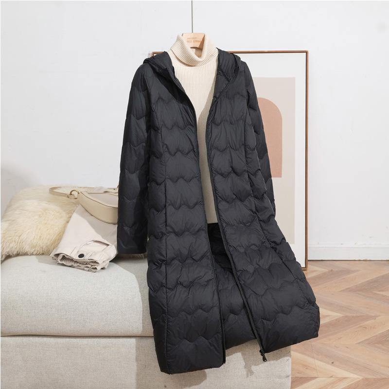 Women's Long Over-the-Knee Lightweight Duck Down Hooded Winter Jacket - Korean Style, Slimming, and Warm.