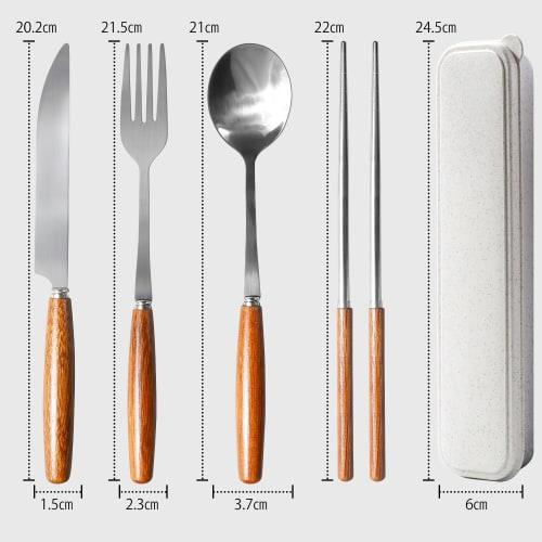 Stainless Steel Cutlery Set for Two, Featuring Chopsticks, Knives, Forks, and Spoons, Includes a Wooden Handle. 8-piece Set with Case. Perfect for Out