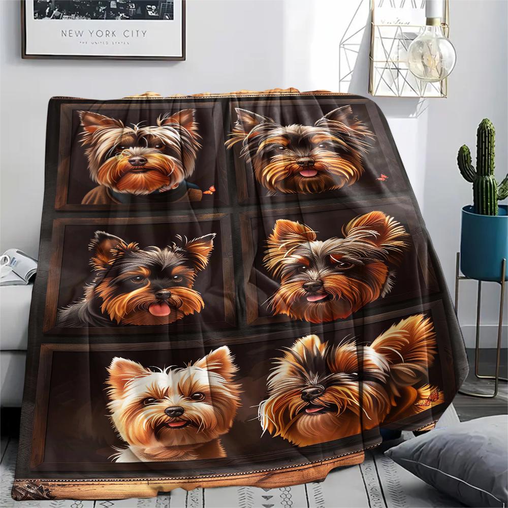1 шт. Фланелевое одеяло с принтом йоркширских терьеров, Высококачественное, Удобное для всех сезонов, Декор для дома, Тепло и уют, Идеально для рождественских подарков