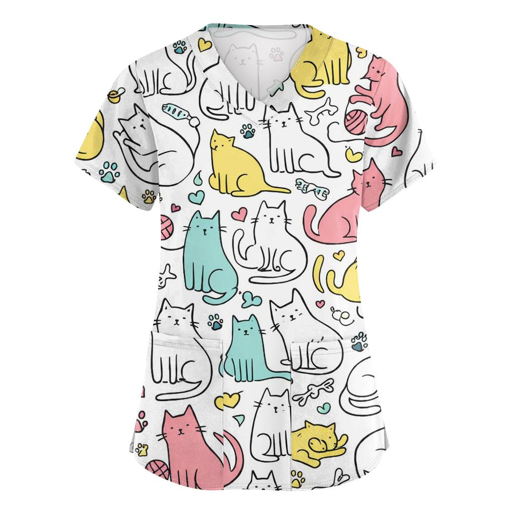 Women's Casual Short-Sleeve Cute Animal Print V-Neck Pocket Top