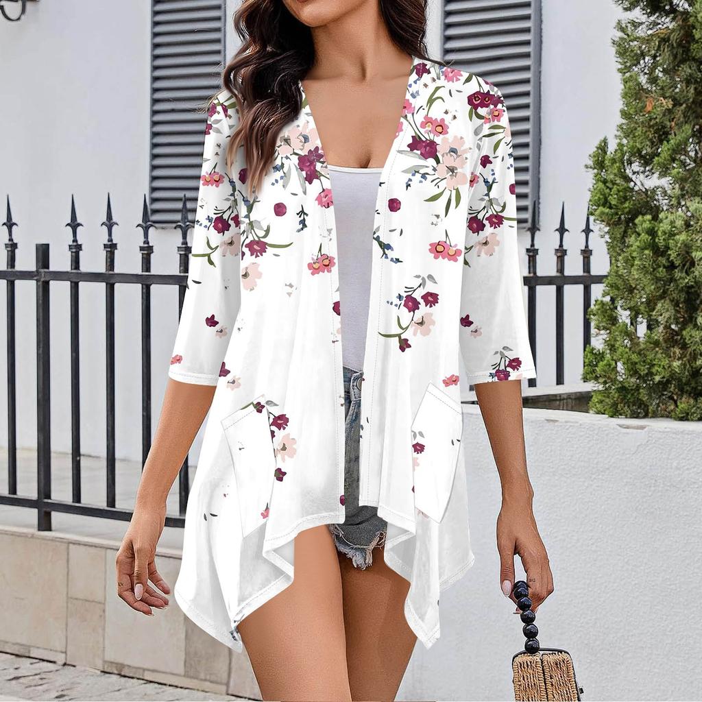 Women's Print Irregular Three-quarter Sleeve Cardigan With Pocket Jacket