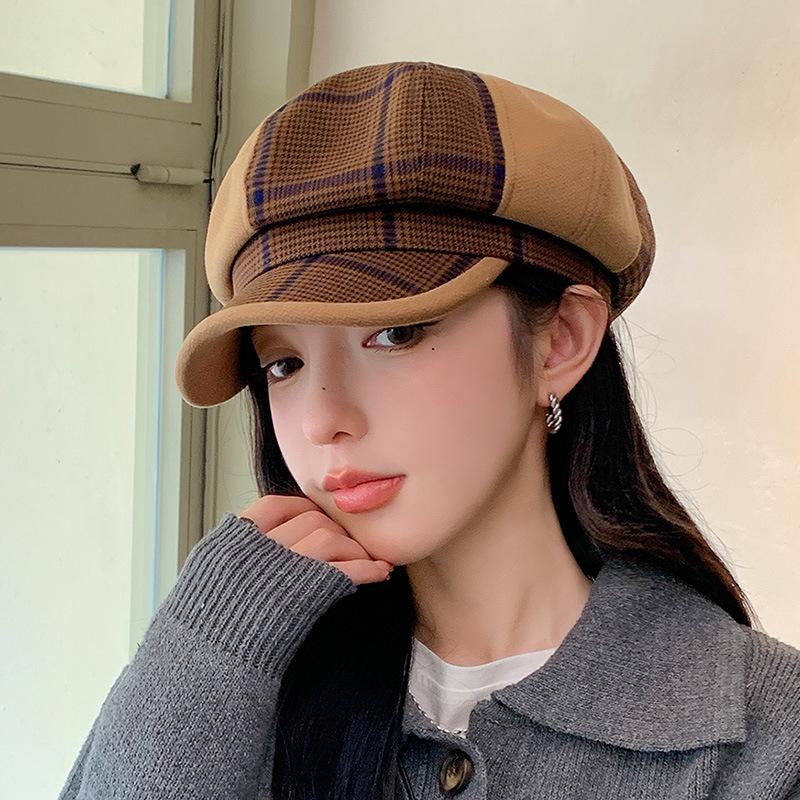 British retro light luxury octagonal hat children's new autumn and winter plaid splicing newsboy hat fashion painter hat