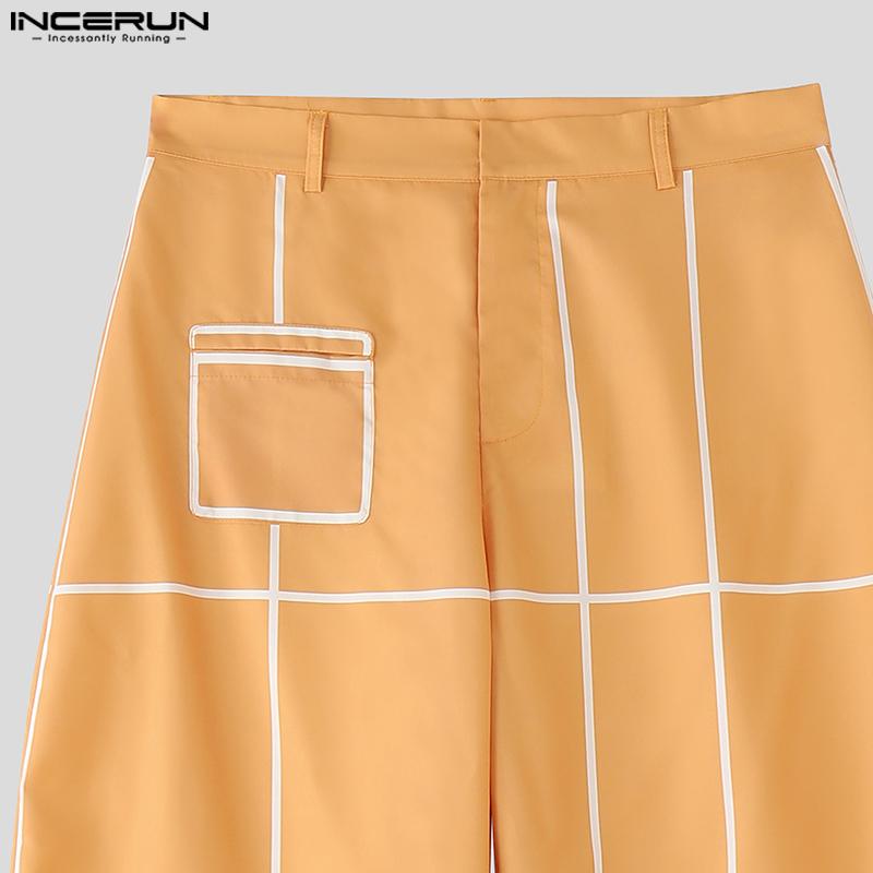 INCERUN Мужские брюки оверсайз на молнии с боковыми карманами на талии, клетчатые, повседневные, свободные, длинные