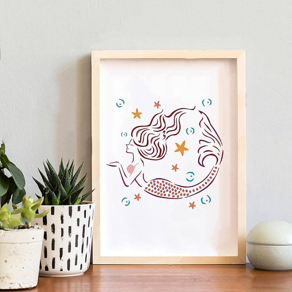 Plastic Reusable Drawing Painting Stencils Templates, for Painting on Scrapbook Fabric Tiles Floor Furniture Wood, Square, Mermaid Pattern, 300x300mm