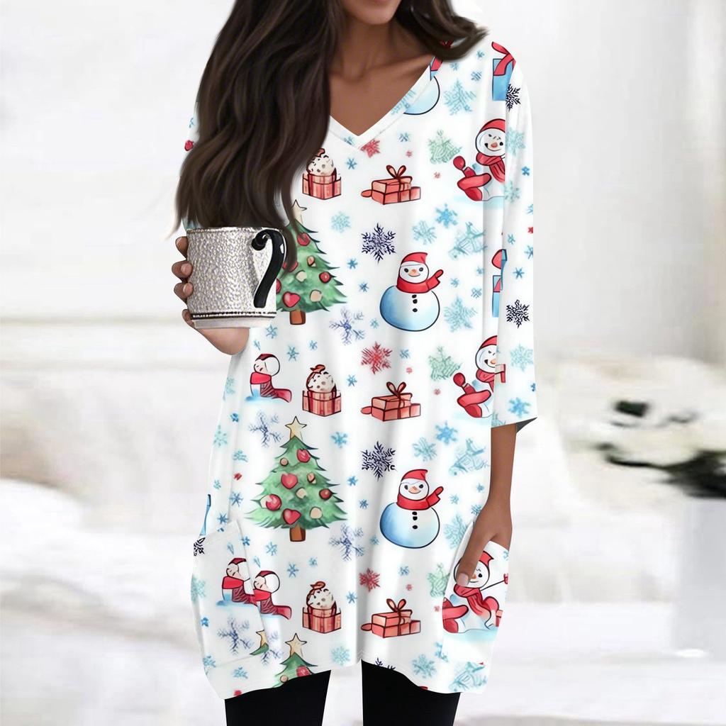 Womens Tops V-neck 3/4 Sleeve Blouses Casual Mid-length Shirts Fashion Christmas Print Tunic Tops With Pockets