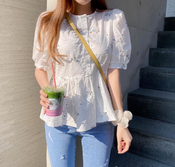 Женская рубашка с рукавами-фонариками, летняя, в новом стиле, в стиле вестерн, с ажурным кружевом, с мятым узором, белая