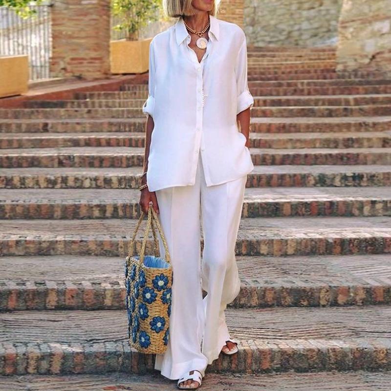 ZANZEA Комплекты из двух предметов, женские рубашки с длинными рукавами, топы и длинные брюки, широкие брюки, повседневные свободные костюмы размера плюс