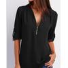 Shirt V-neck Zipper Plus Size Women's Long Sleeved Loose Chiffon Shirt with Adjustable Sleeves