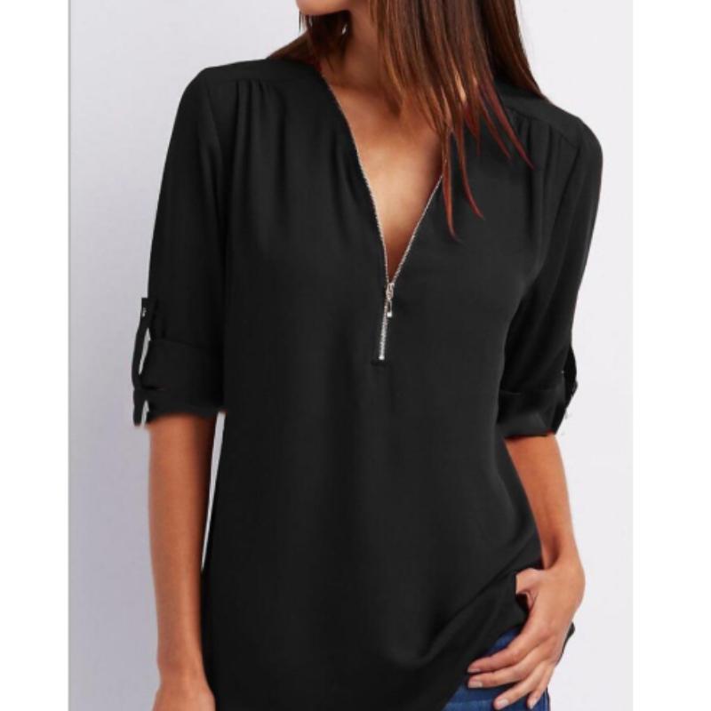 Shirt V-neck Zipper Plus Size Women's Long Sleeved Loose Chiffon Shirt with Adjustable Sleeves
