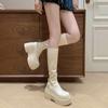 Women's Thick-soled Heightening 6-8CM High-tube Mid-tube Boots Autumn New Outdoor White Wearing Slip-on Casual Boots Size 35-39