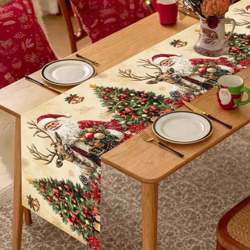 Retro Santa Claus Table Cover Vintage Christmas Table Runner Navidad Noel New Year Home Decorations Gift