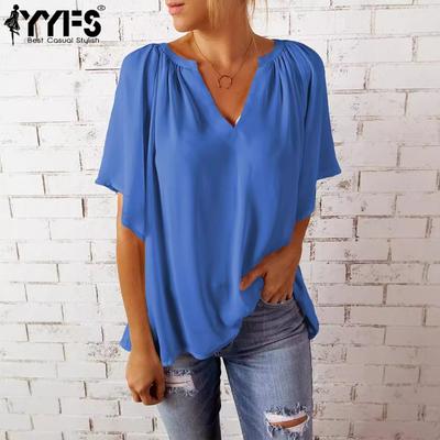 Женские модные повседневные летние весенние однотонные блузки и рубашки с v-образным вырезом и короткими рукавами с принтом