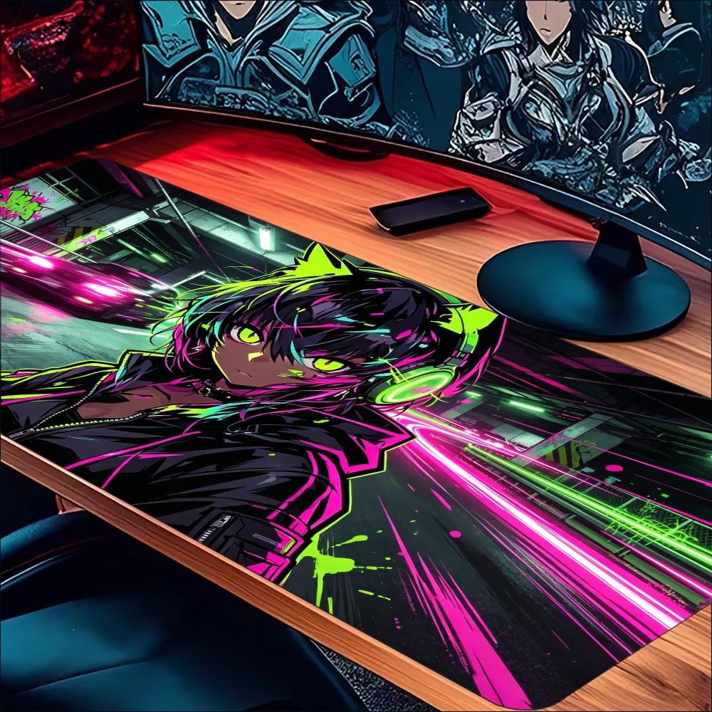 Neon Cyberpunk Anime Girl Gaming Mouse Pad Smooth Non‑Slip Rubber Desk Mat Trendy Urban Street Print For Gaming Laptop