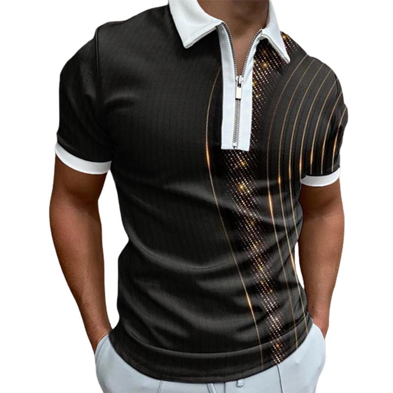 Casual Lapel T-shirt Young Men's Fashion Zipper T-shirt Short Sleeve T-shirt Men's 3D Sea Wave Print T Shirt