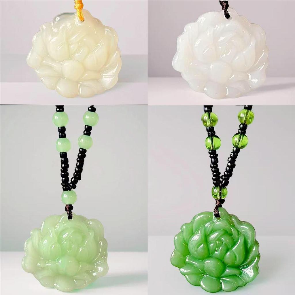 Imitation Hetian Jade Lotus Pendant Necklace for Women - White Jade Flower Blooming Wealth Design