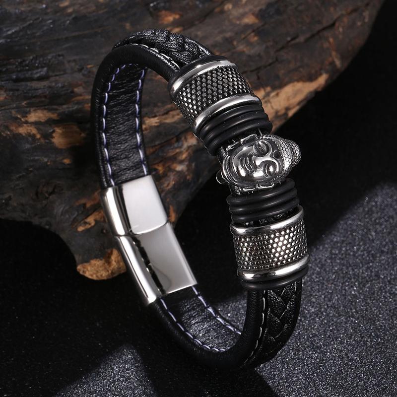 New Punk Men Jewelry Stainless Steel Buddha Head Bracelet Bangle Leather Bracelet Accessories