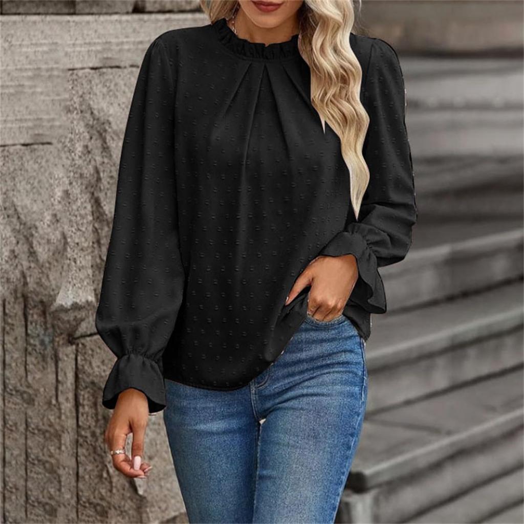 Женский модный повседневный топ в горошек с плиссировкой, круглым вырезом, оборками и длинными рукавами, однотонный