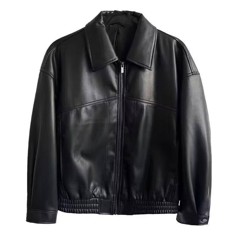 Мужская модная кожаная куртка slim fit высокого класса 2025 года - Весна/Осень, с лацканами, однотонная